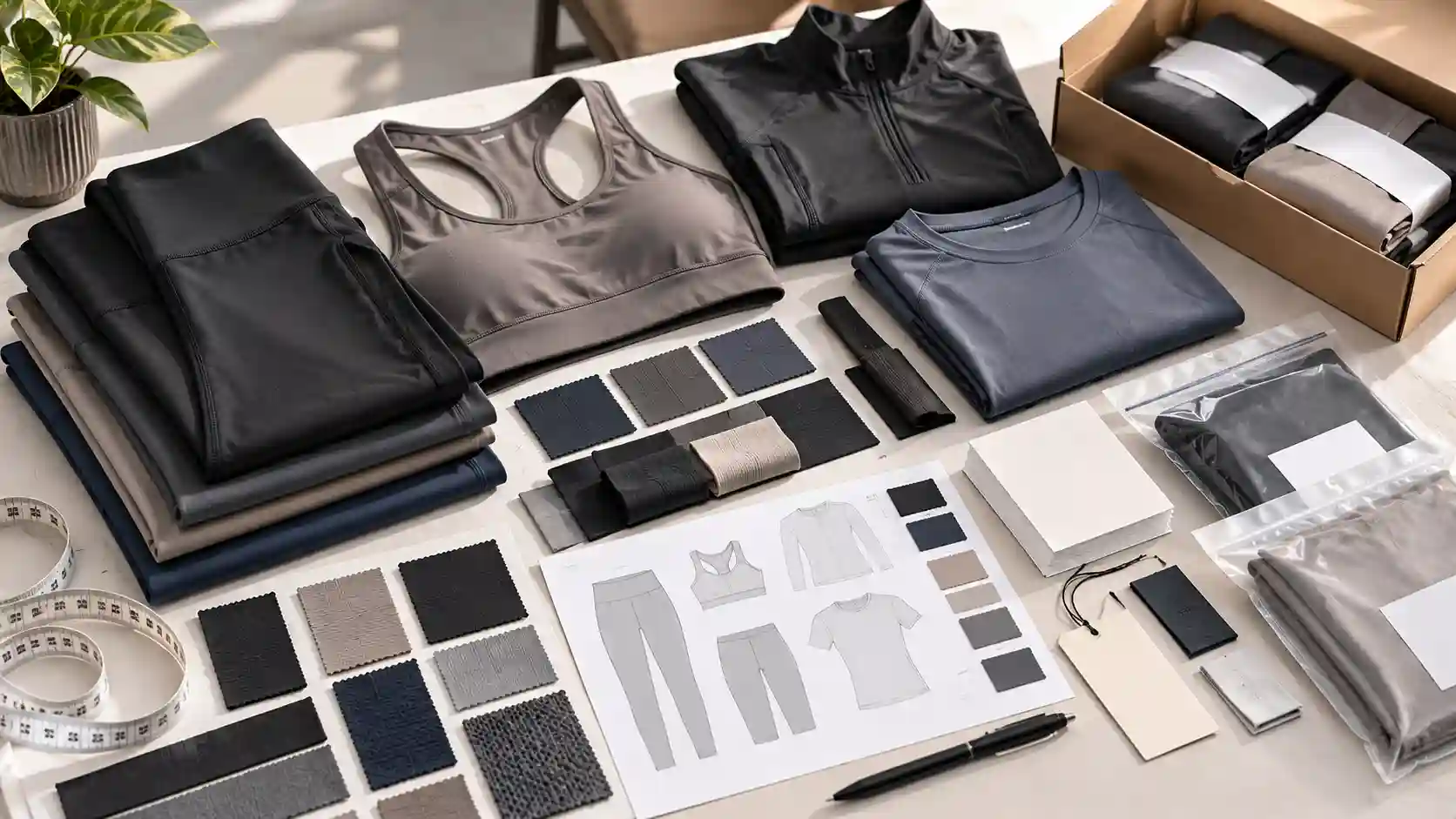 Illustration of an activewear manufacturing brief with samples, fabric and branding options