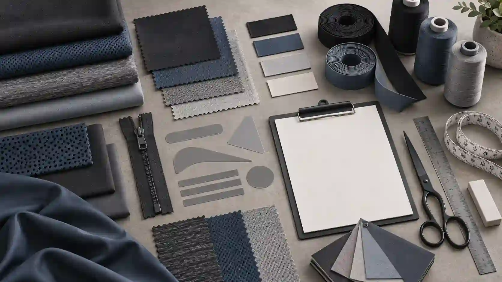 Illustration of activewear fabric, labels and trim review before production