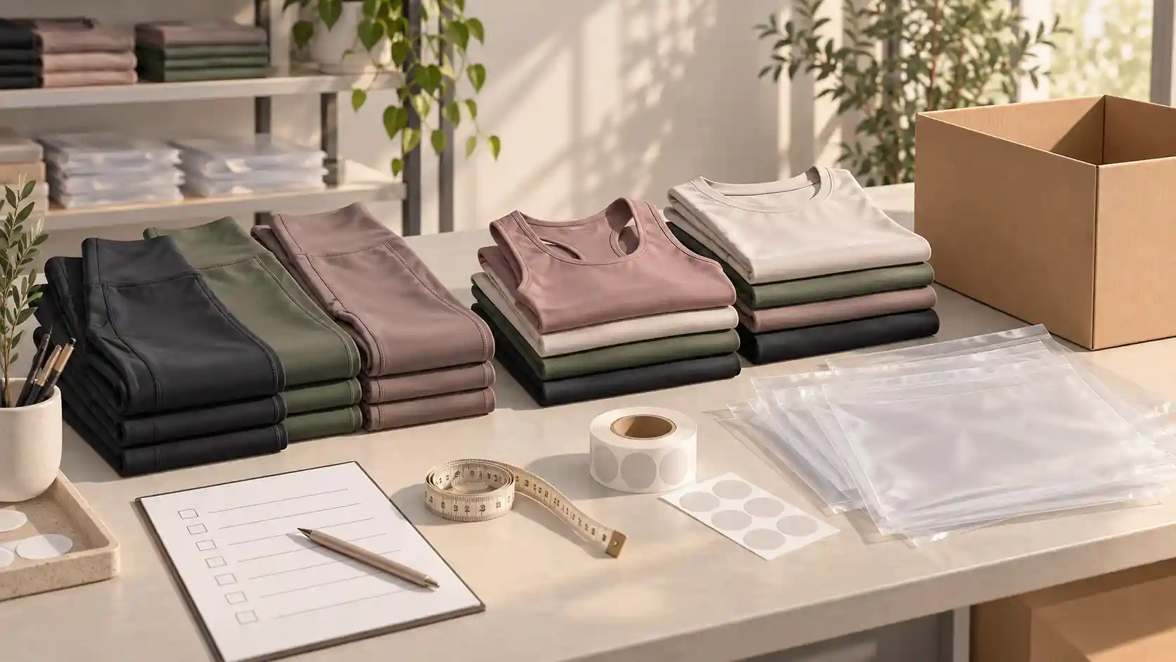 Illustration of folded activewear, labels and carton preparation before dispatch