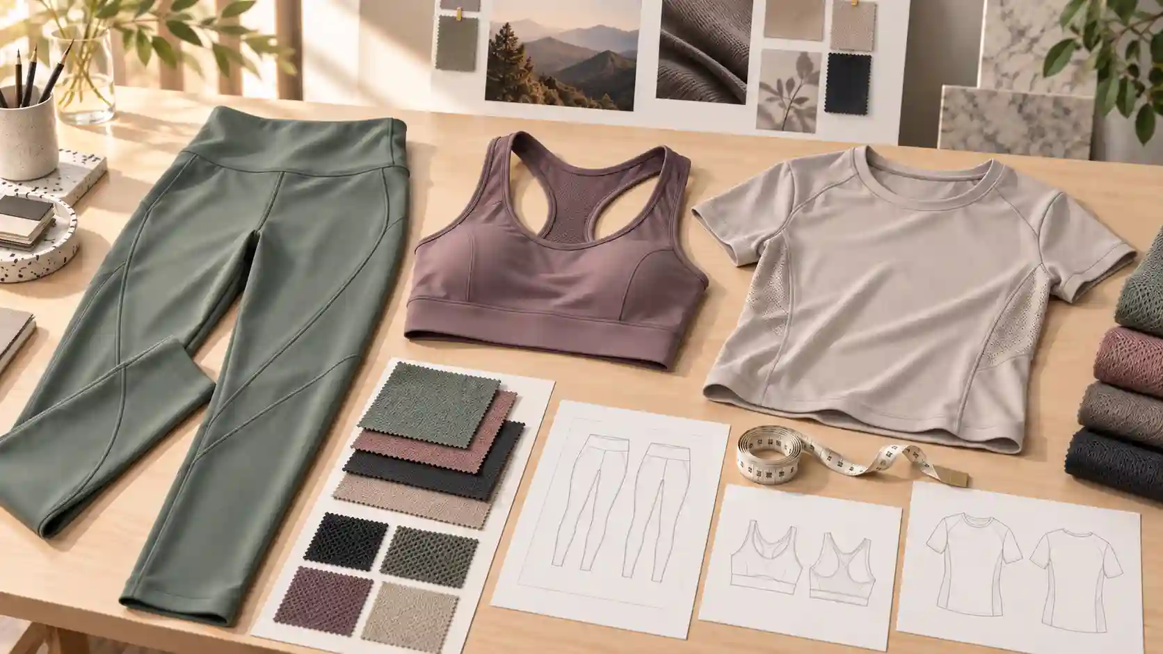 Illustration of custom activewear production planning with samples and fabric swatches