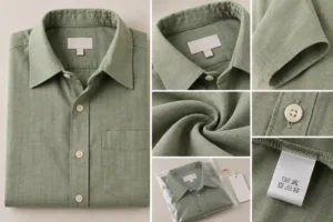 Short-sleeve casual shirt sample with care-label and private-label detail