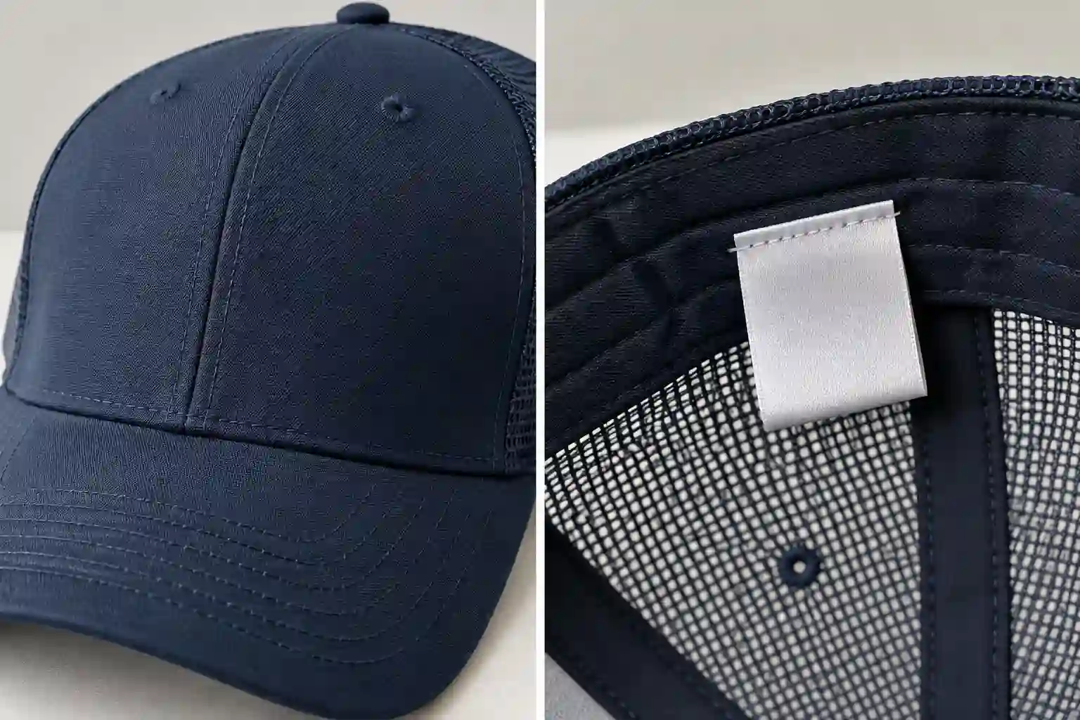 Custom baseball cap sample with logo area and private-label detail