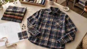 Custom plaid flannel shirt sample with fabric swatches and an annotated apparel product brief on a sourcing table