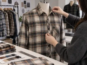 Apparel developer inspecting collar, pocket alignment and stitching on a custom plaid flannel shirt sample