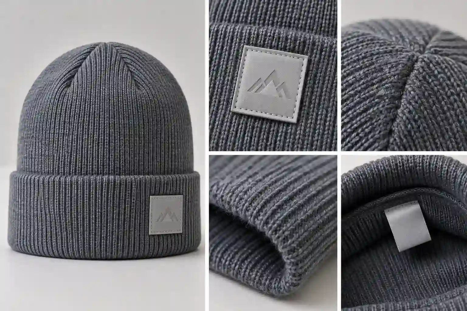 Custom knit beanie showing knit texture, cuff shape and label placement area