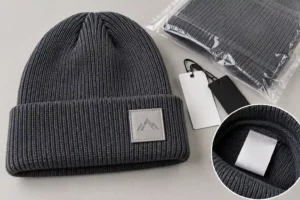 Custom knit beanie sample with private-label and packaging detail