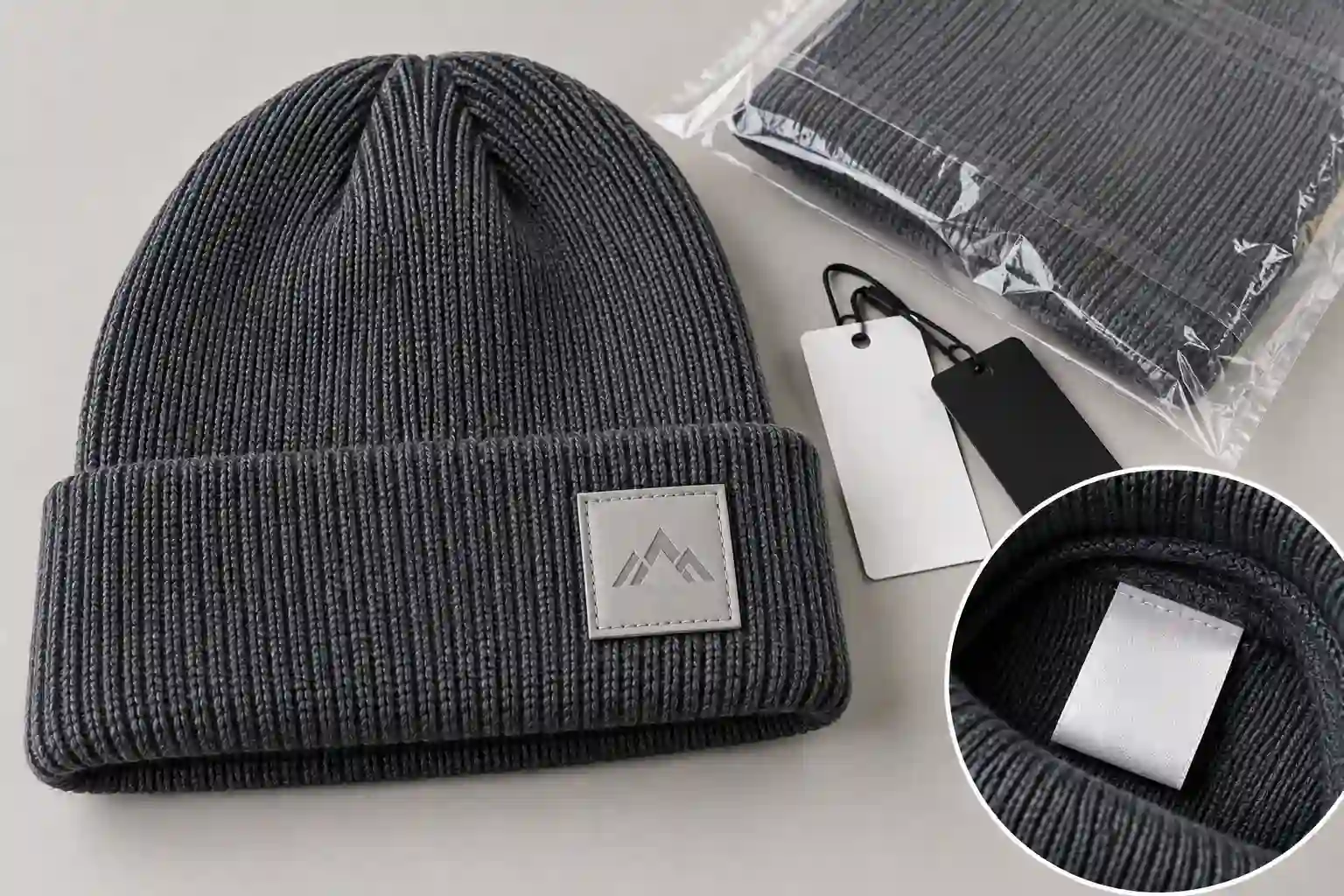 Custom knit beanie sample with private-label and packaging detail