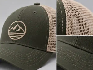 Mesh baseball cap sample showing mesh material, stitching and front logo area