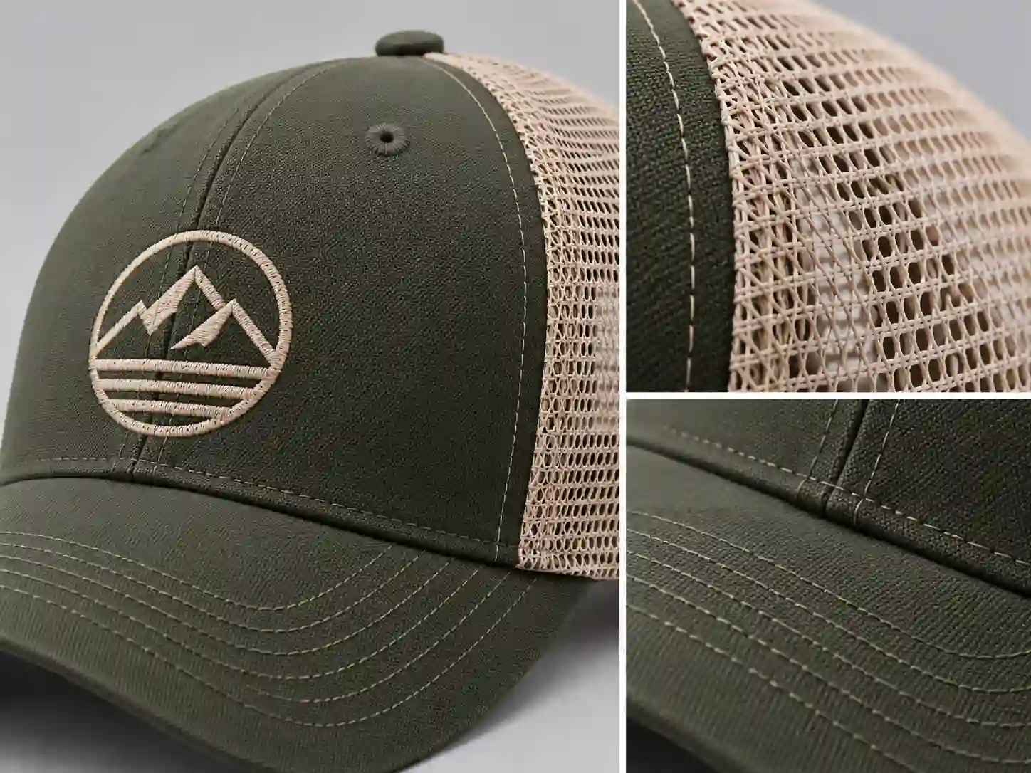 Mesh baseball cap sample showing mesh material, stitching and front logo area