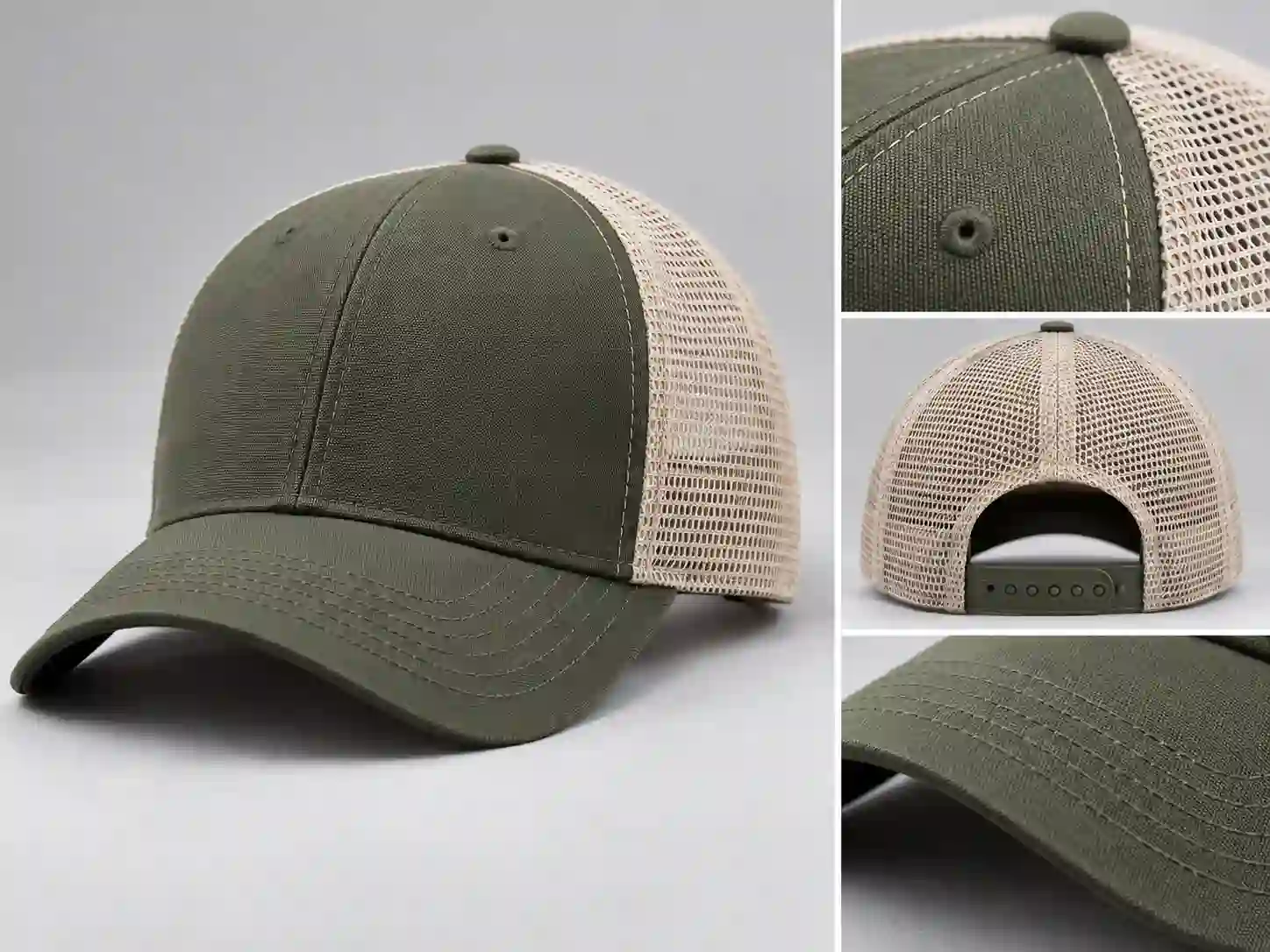 Custom mesh baseball cap showing solid front panel and mesh side panels