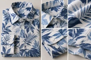 Custom printed long-sleeve shirt showing print repeat, collar and placket detail