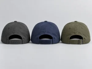 Rear close-up comparison of snapback, hook-and-loop and fabric-strap closures on custom sports caps