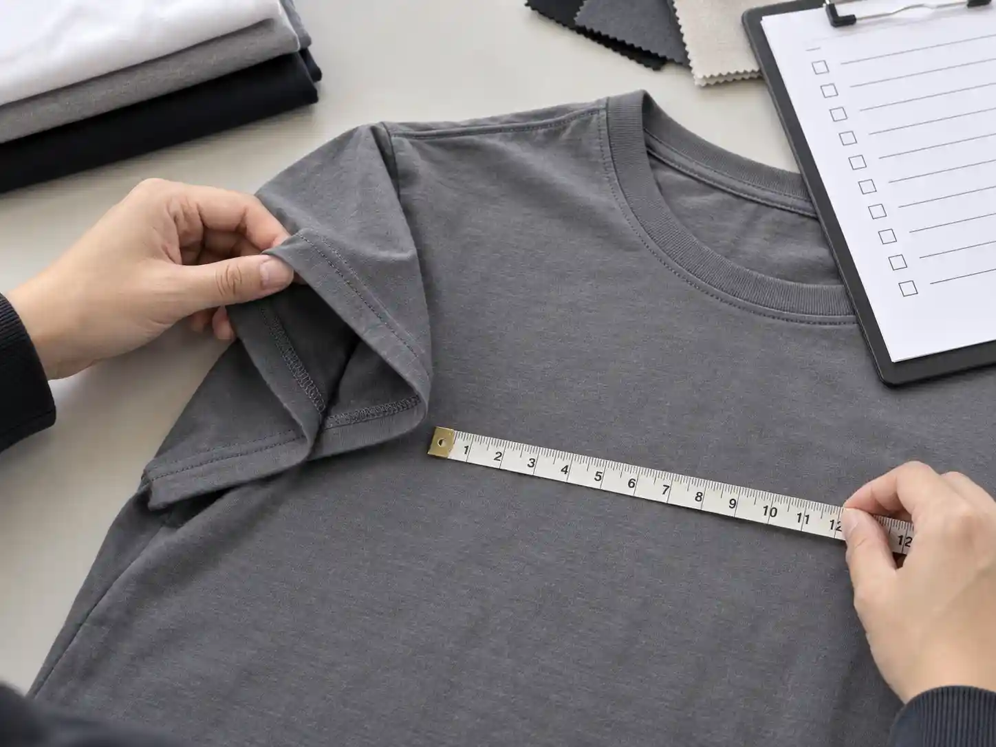 T-shirt sample inspection showing seam and measurement checks