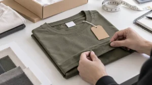 Custom T-shirt sample review with private-label neck label, hang tag and packaging