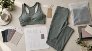 Unbranded activewear sample, fabric swatches and branding options for a small-batch order