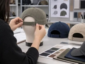 Headwear developer checking the adjustment range, back opening and rear branding area on a custom sports cap sample