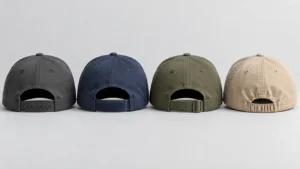 Four custom sports caps viewed from the back, showing snapback, hook-and-loop, fabric-strap and elastic closure options