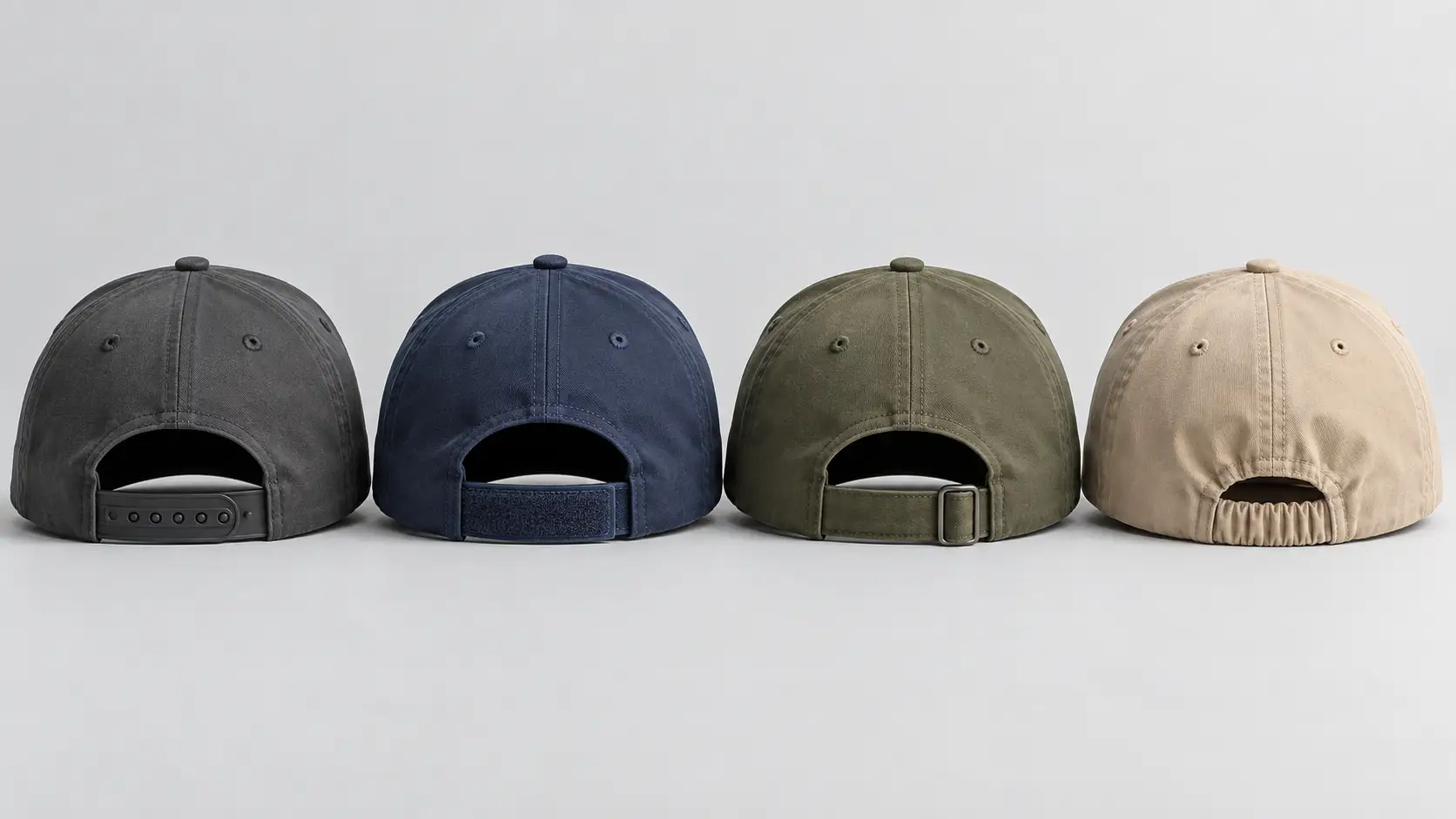 `Four custom sports caps viewed from the back, showing snapback, hook-and-loop, fabric-strap and elastic closure options