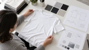 Buyer reviewing T-shirt fabric, fit sample and logo artwork for a custom apparel brief
