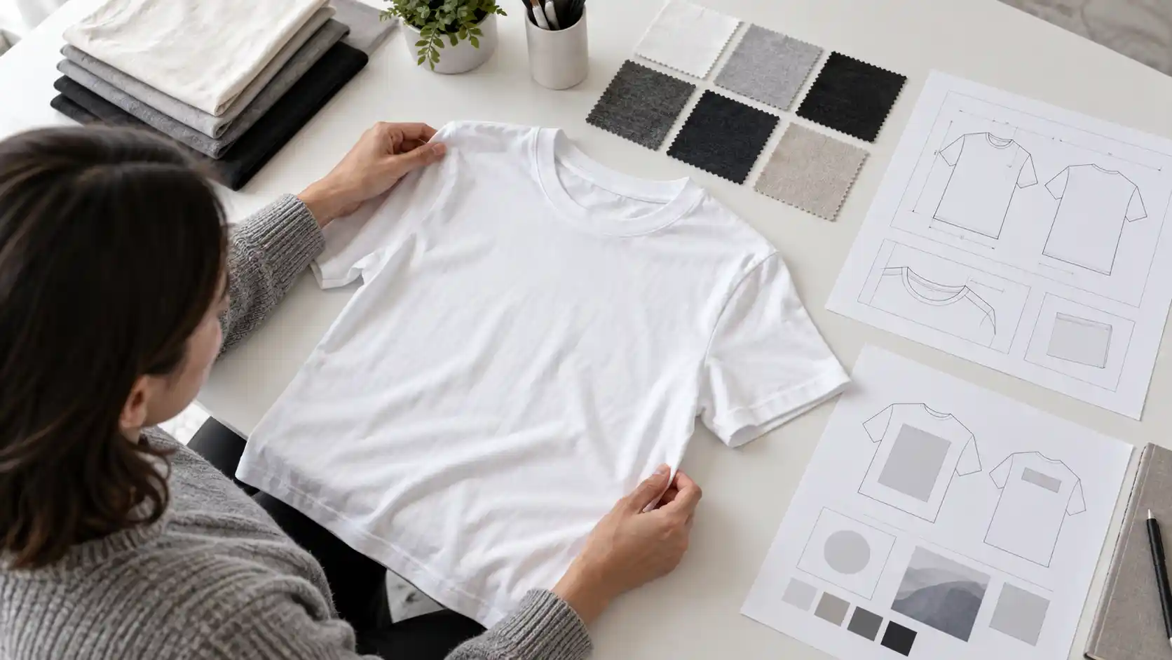 Buyer reviewing T-shirt fabric, fit sample and logo artwork for a custom apparel brief