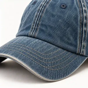 Cotton denim baseball cap fabric and stitching detail