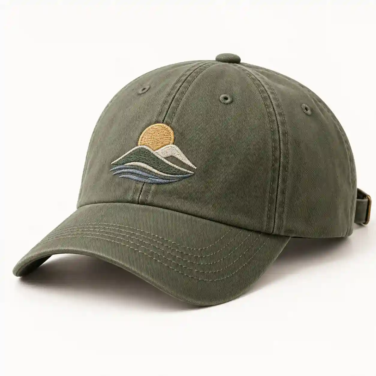 Custom embroidered cotton baseball cap front three-quarter view