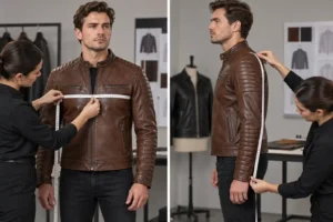 Technician checking custom leather jacket fit and sleeve measurements on a model