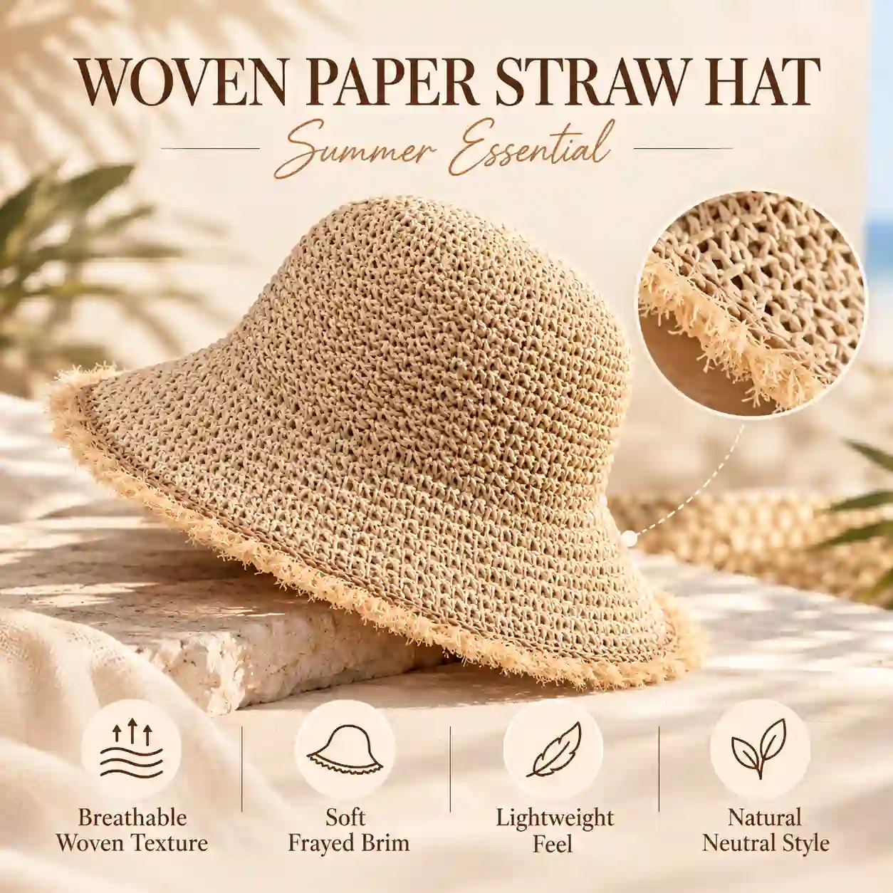 Adult model wearing a foldable paper straw bucket hat at a beach resort