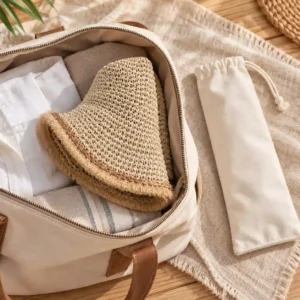 Folded paper straw bucket hat prepared for travel and protective packing