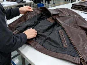 Leather jacket lining, inner pocket and seam construction quality inspection