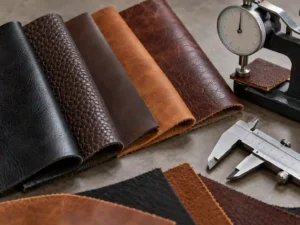 Leather jacket material thickness and finish inspection with leather swatches