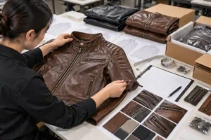 Leather jacket pre-production sample inspection for fit, stitching, hardware and packaging