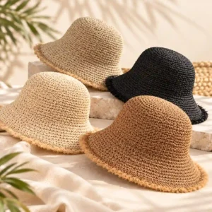 Ribbon trim and blank hangtag options for a paper straw bucket hat