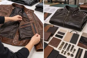 Private-label leather jacket labels, hangtags and hardware prepared for production