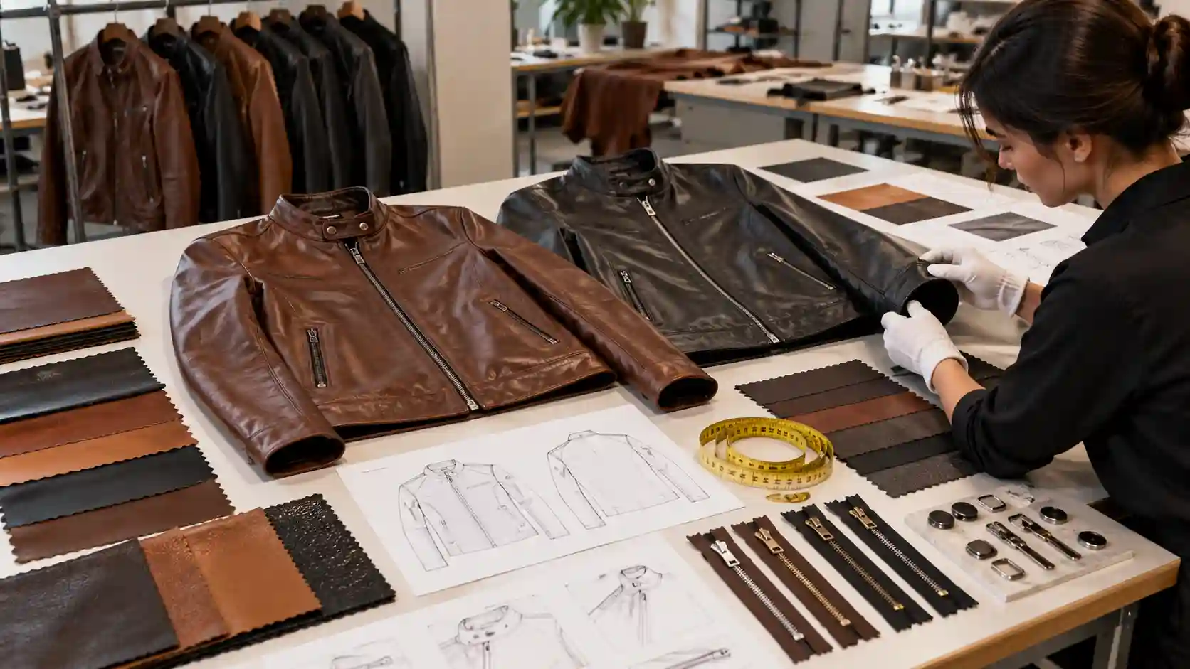 Private-label leather jacket quality control workspace with leather swatches and measurement tools