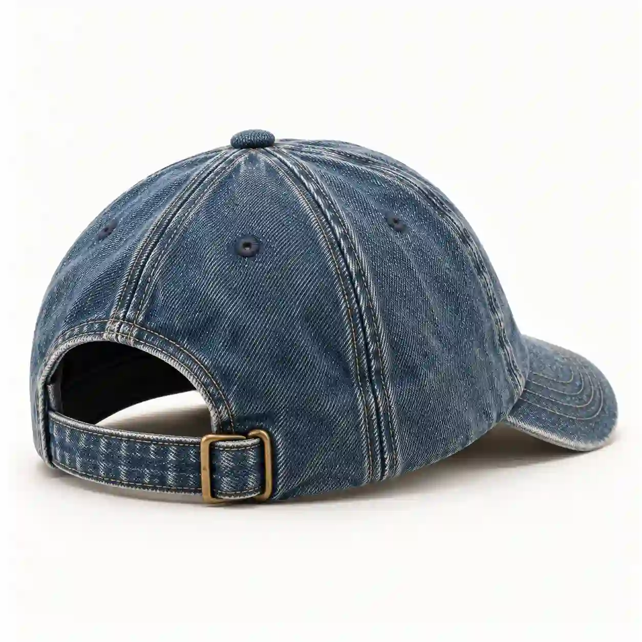 Six-panel denim baseball cap with adjustable back strap