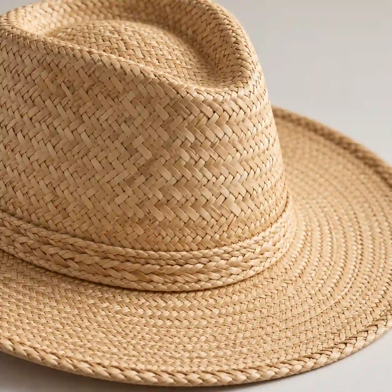 Woven straw hat crown and brim construction detail
